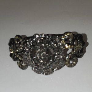 A Black Metal Bracelet Steampunk Rose Marcasite Clamper Cuff Costume Jewelry